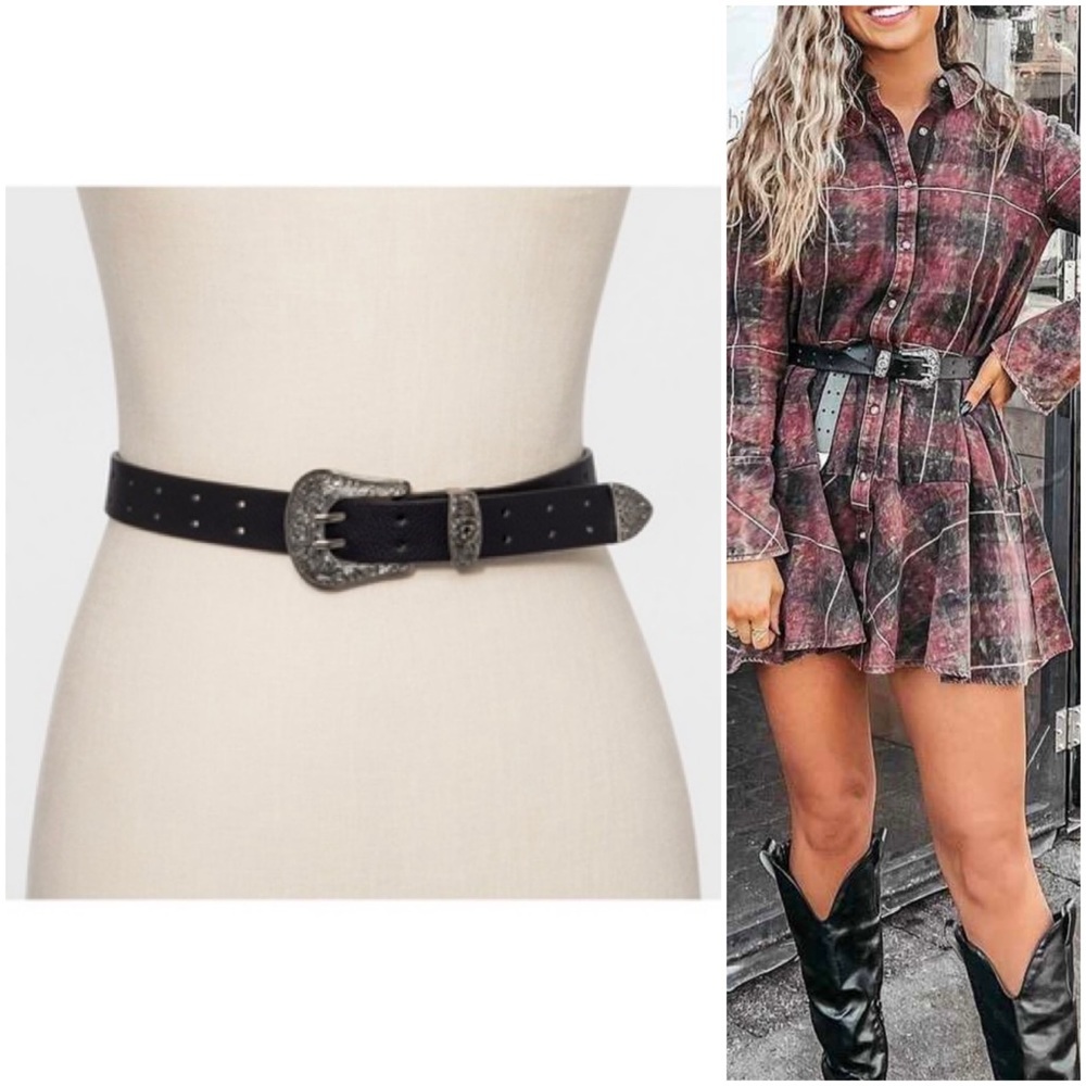 Target Wild Fable double perforated western silver buckle belt black XS